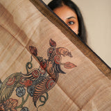 Pen Kalamkari Tusser Silk Duppata - Beige