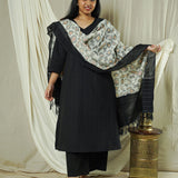 Hand Woven Double Ikkat Cotton Duppata - Grey