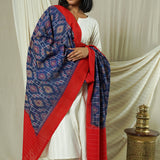 Hand Woven Double Ikkat Cotton Duppata - Navy blue