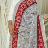 Hand Woven Double Ikkat Cotton Duppata - Grey