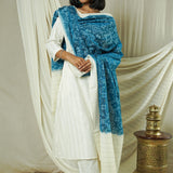 Hand Woven Double Ikkat Cotton Duppata - Sky blue