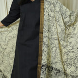 Black and White Kalamkari Cotton Silk Duppata - Beige