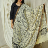 Black And White Kalamkari Cotton Silk Duppata - Beige