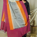 Hand Woven Double Ikkat Cotton Duppata - Grey